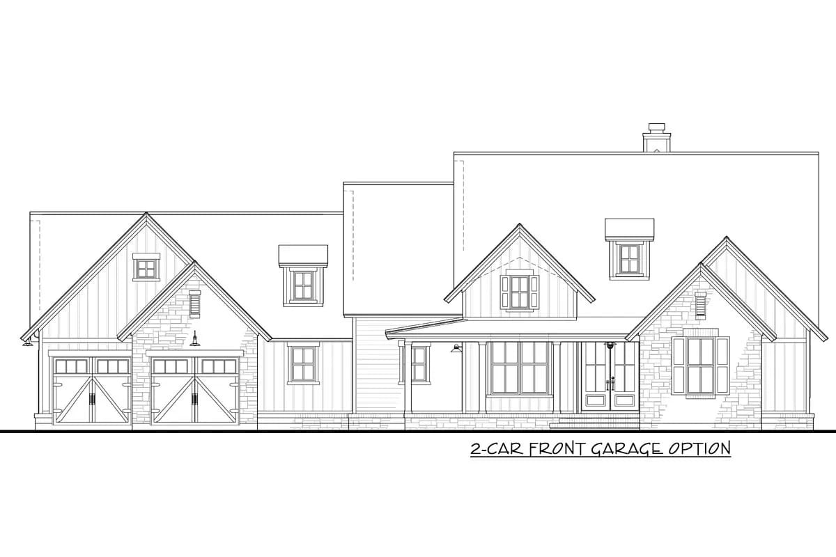 3-Bedroom New American Farmhouse House Plan with an L-Shaped Front Porch (1,988 Sq. Ft. Floor Plan) 18 the garage options change the street face more than the floor plan 1