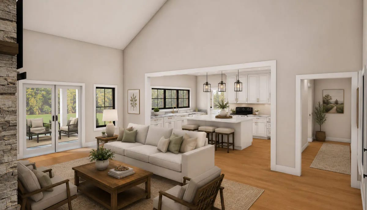 4-Bedroom Craftsman Farmhouse House Plan with a 1,012 Sq. Ft. Bonus Room (2,431 Sq. Ft. Floor Plan) 6 the great room runs about 19 by 21 feet with the fireplace on its only solid wall 1