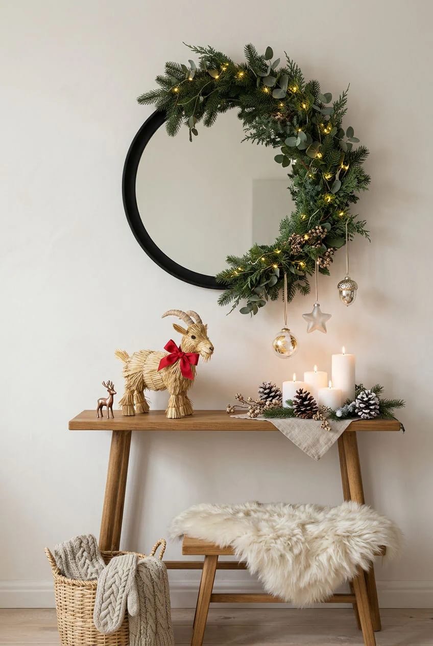 Scandinavian Christmas Decor With Pale Wood and Straw Ornaments That Reads Nordic, Not Rustic 12 the julbock works small, on a table, not knee-high by the door 1