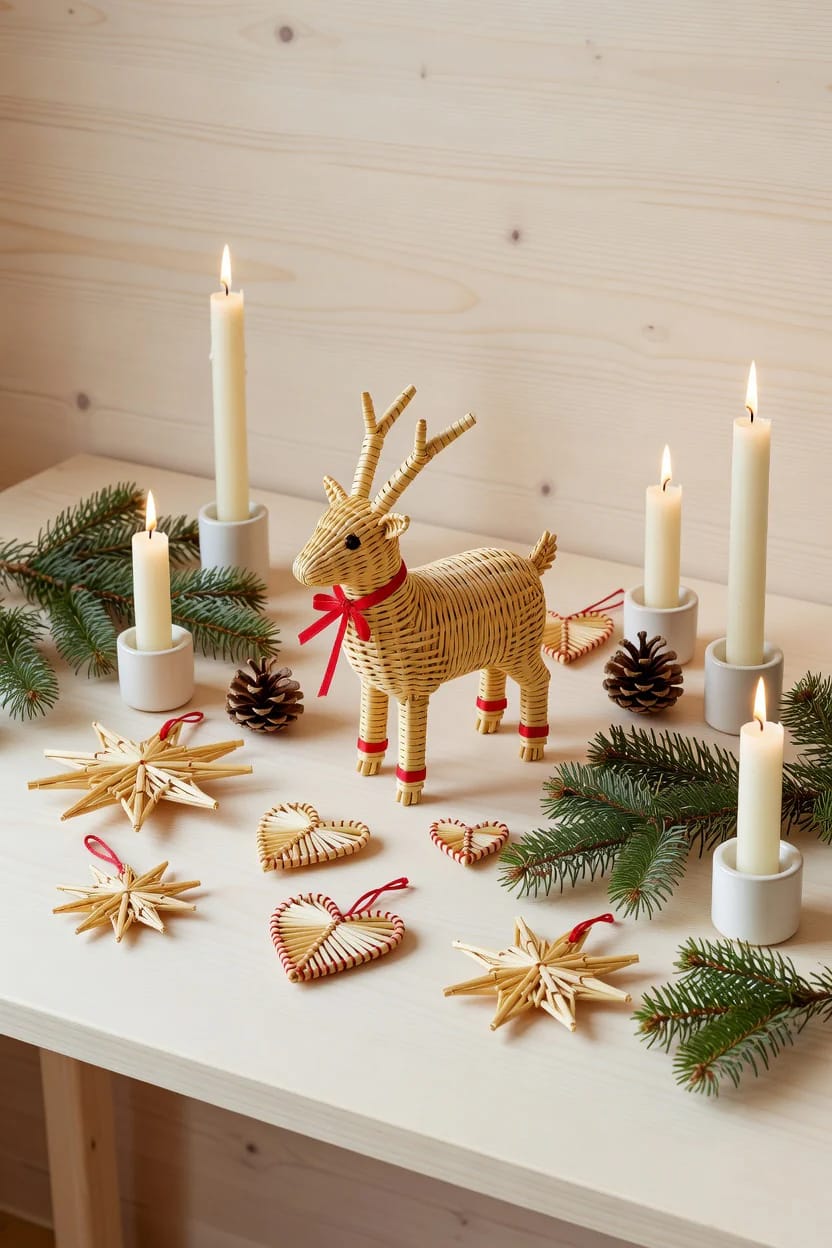 Scandinavian Christmas Decor With Pale Wood and Straw Ornaments That Reads Nordic, Not Rustic 11 the julbock works small, on a table, not knee-high by the door 1