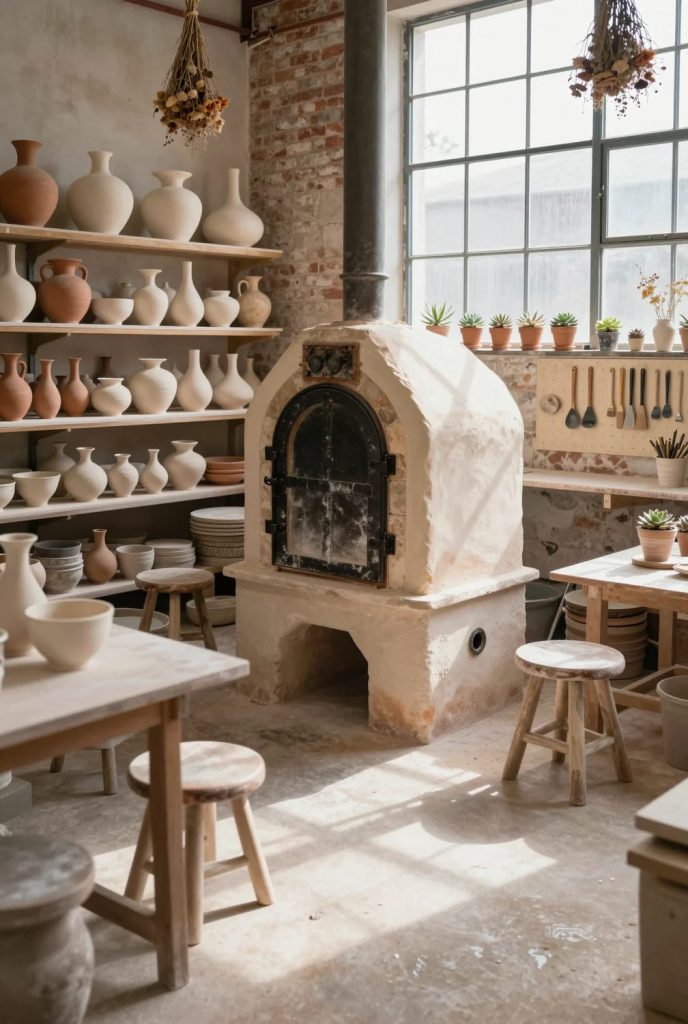 Lovely Harbor 48 A pottery studio featuring a central kiln surrounded by wooden stools, shelves filled with clay vases and bowls, large windows with potted plants, and neatly organized pottery tools, illustrating pottery studio ideas focused on kiln placement.