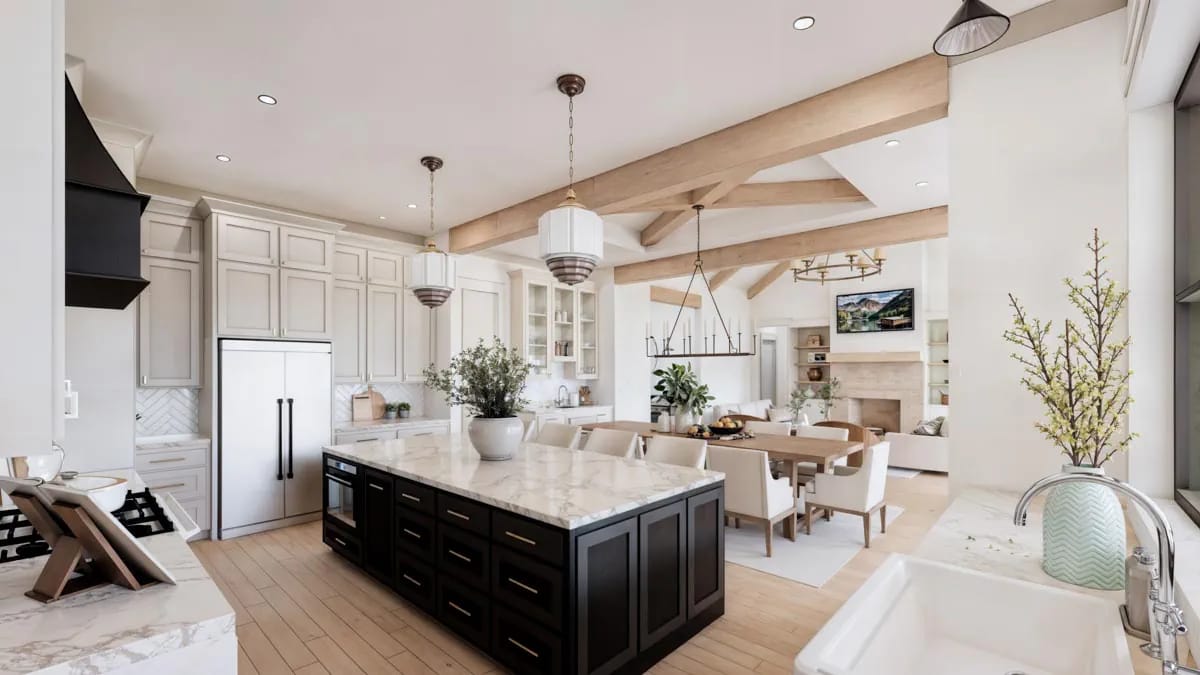 4-Bedroom Modern Farmhouse House Plan with an Outdoor Kitchen and Fireplace on a 44-Foot Porch (3,877 Sq. Ft. Floor Plan) 12 the kitchen runs about 22 feet along the back of the house 1