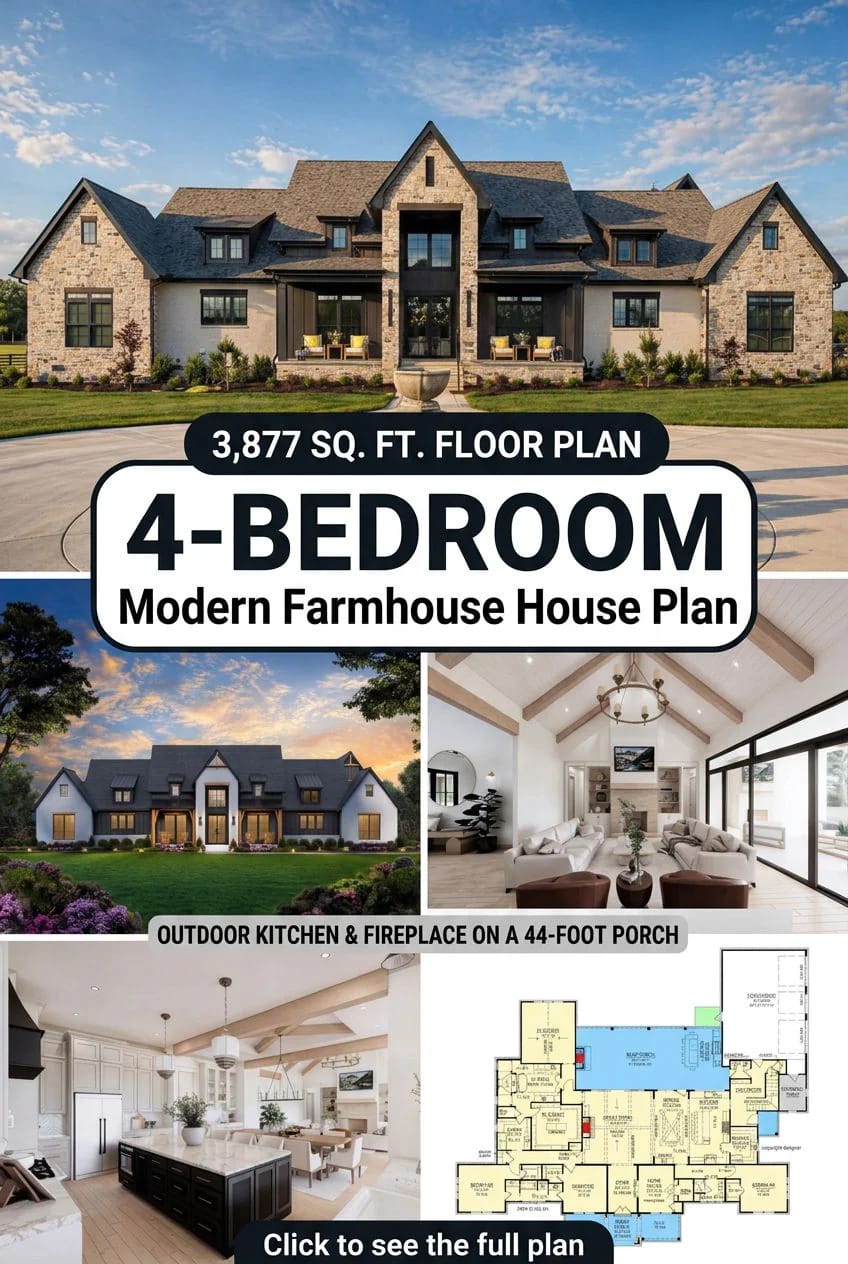 4-Bedroom Modern Farmhouse House Plan with an Outdoor Kitchen and Fireplace on a 44-Foot Porch (3,877 Sq. Ft. Floor Plan) 5 the living side of the house is one band, and the porch matches it foot for foot 1