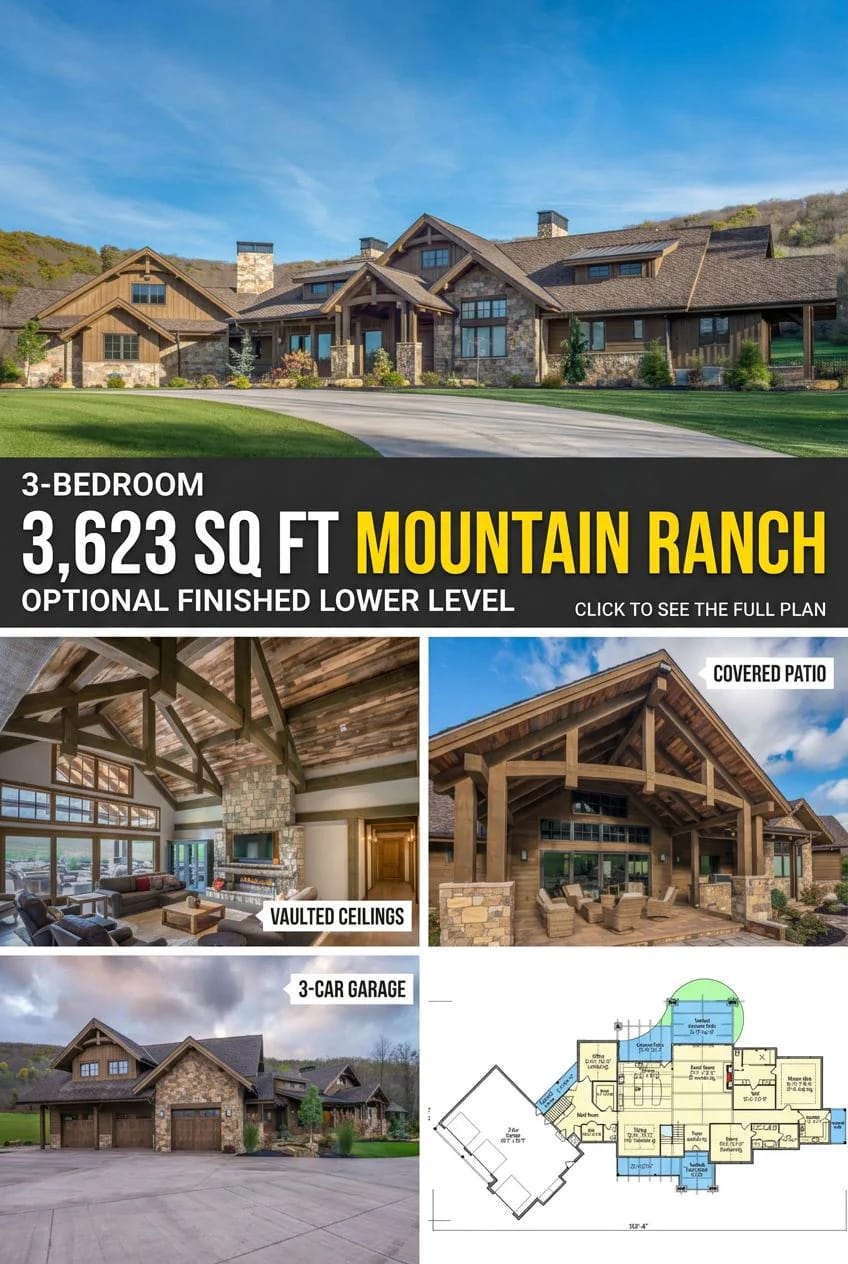3-Bedroom Mountain Ranch House Plan with an Optional Finished Lower Level (3,623 Sq. Ft. Floor Plan) 5 the main level, end to end 1