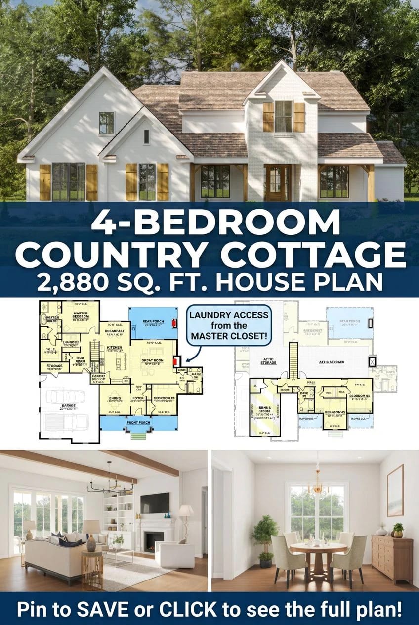 4-Bedroom Two-Story Country Cottage House Plan with Laundry Access from the Master Closet (2,880 Sq. Ft. Floor Plan) 5 the main-level floor plan is organised around one straight line 1