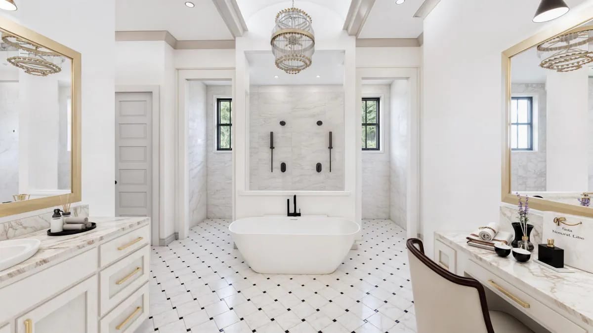 4-Bedroom Modern Farmhouse House Plan with an Outdoor Kitchen and Fireplace on a 44-Foot Porch (3,877 Sq. Ft. Floor Plan) 16 the master bath wraps a walk-through shower around the tub 1
