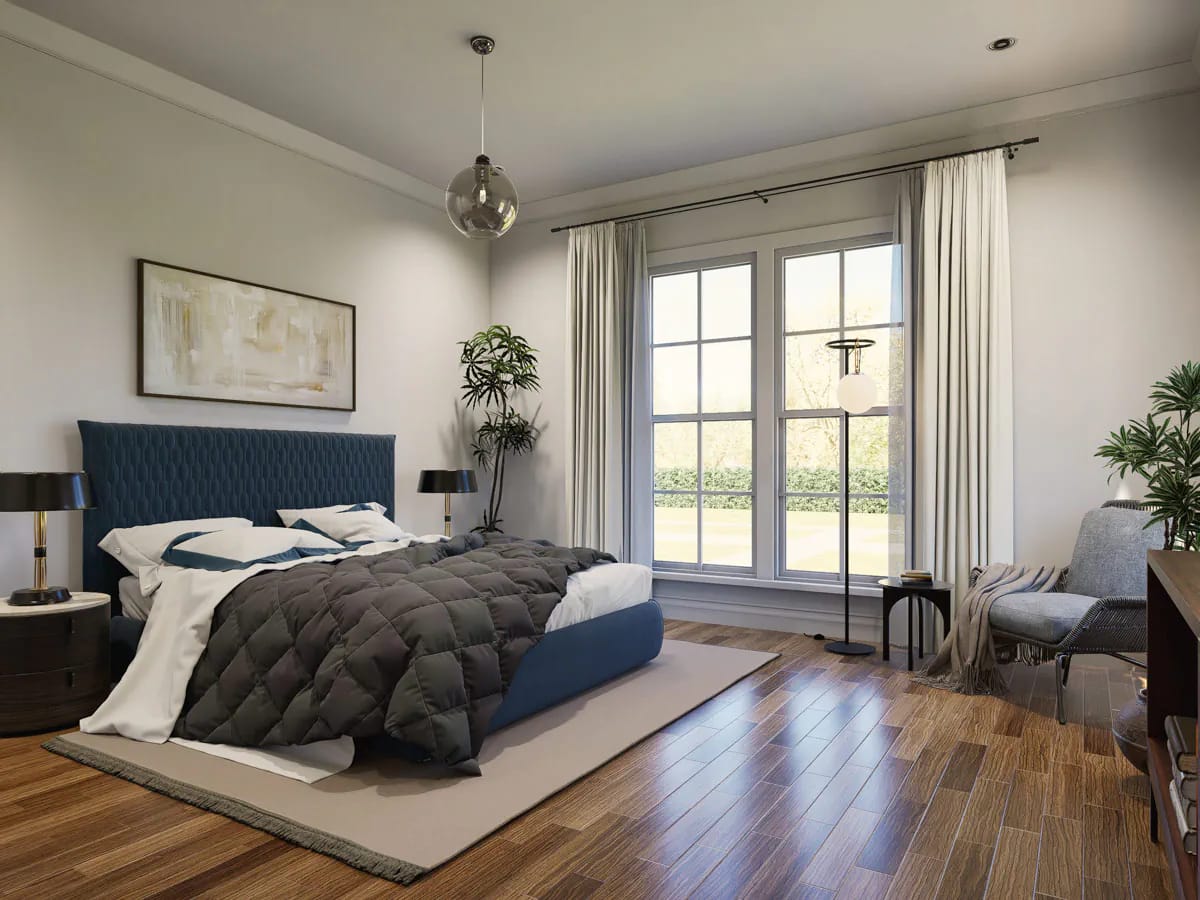 the master bedroom trades the vault for a flat 10-foot ceiling, and that is the right call 1