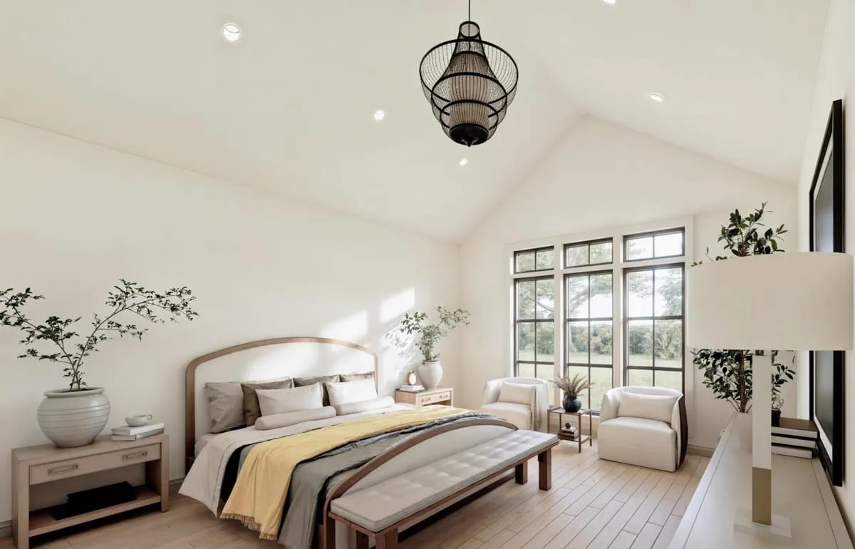 4-Bedroom Modern Farmhouse House Plan with an Outdoor Kitchen and Fireplace on a 44-Foot Porch (3,877 Sq. Ft. Floor Plan) 15 the master bedroom vaults, and nobody put beams in it 1