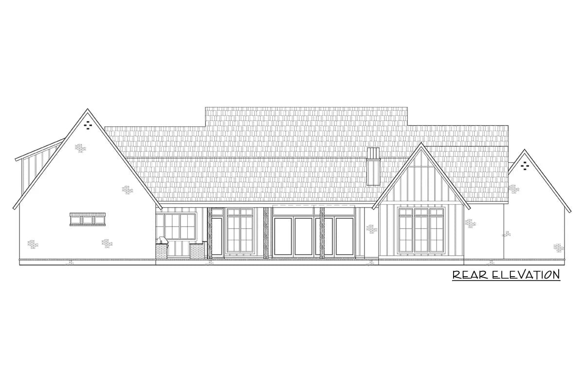 4-Bedroom Modern Farmhouse House Plan with an Outdoor Kitchen and Fireplace on a 44-Foot Porch (3,877 Sq. Ft. Floor Plan) 8 the outdoor kitchen and the outdoor fireplace sit at opposite ends of the rear porch 1