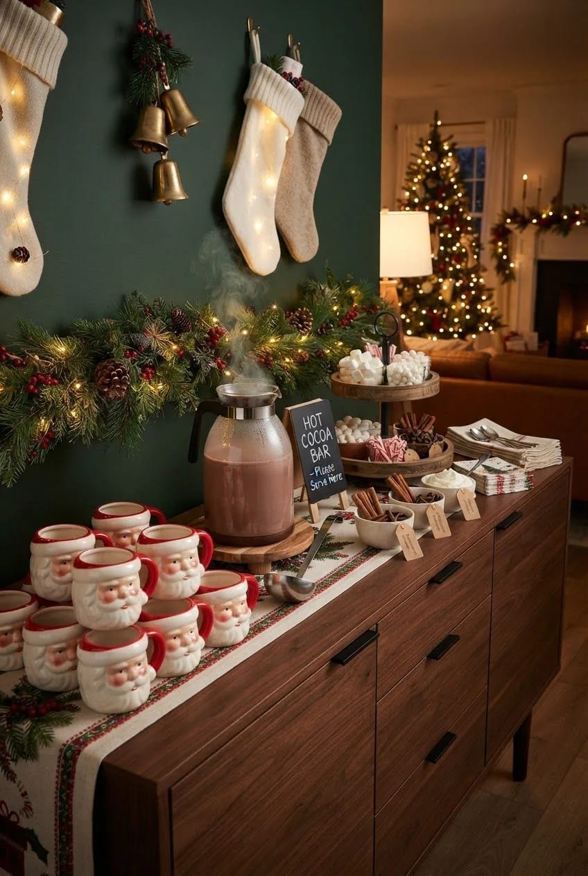Christmas Hot Cocoa Bar Decor With Santa Mugs: 7 Setups That Stay Usable All December 15 the party-scale version: sideboard, carafe, one-way traffic 1