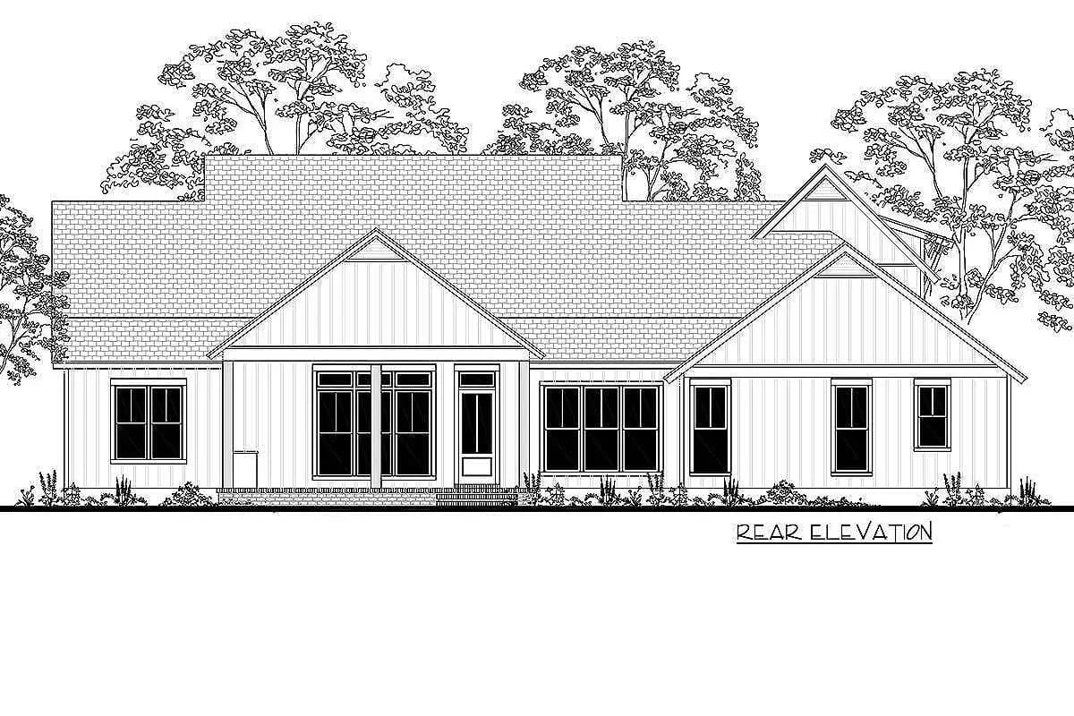 4-Bedroom Modern Farmhouse House Plan with a Bonus Room Over the Garage (2,742 Sq. Ft. Floor Plan) 16 the rear porch is the deeper of the two, with an optional outdoor kitchen 1