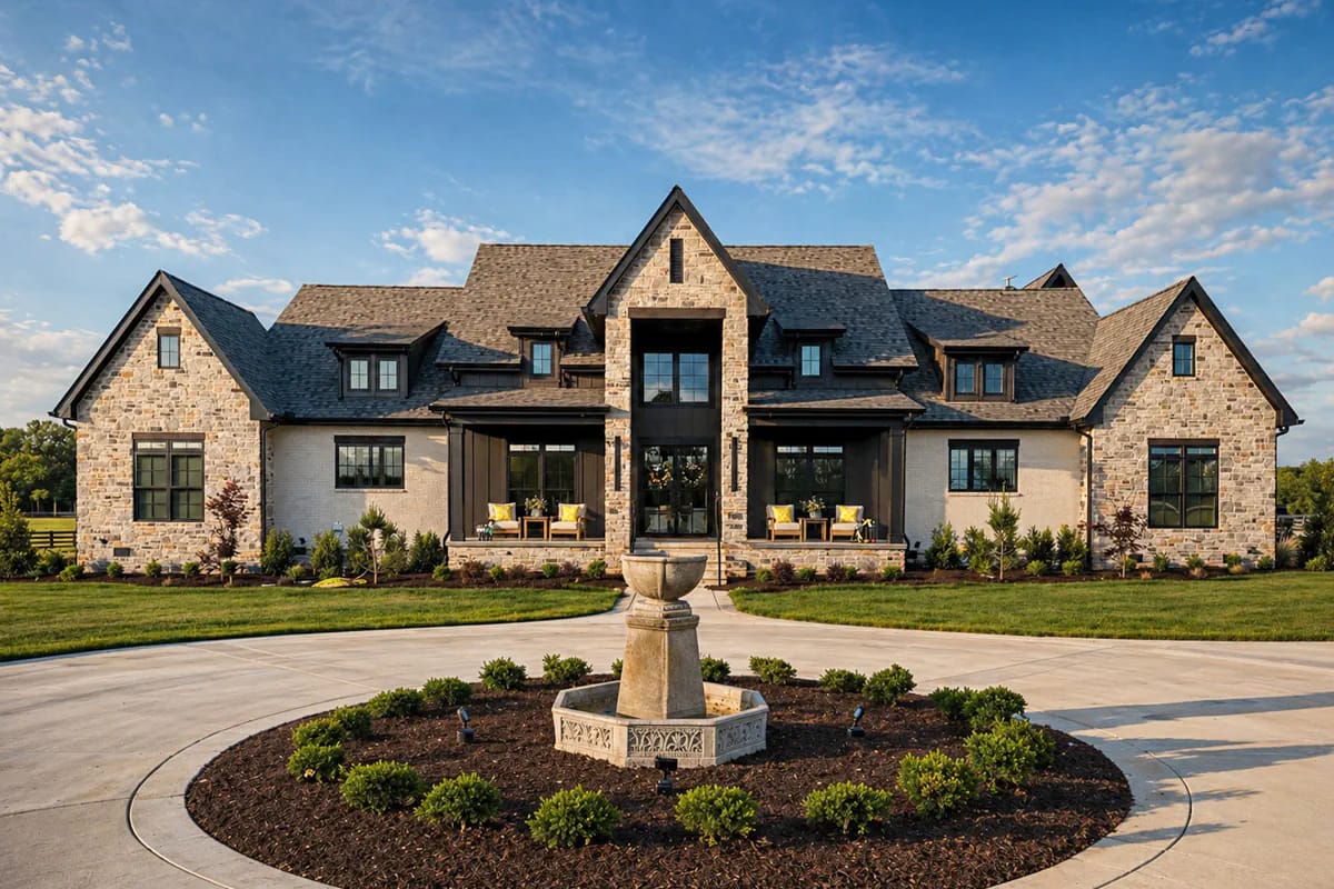4-Bedroom Modern Farmhouse House Plan with an Outdoor Kitchen and Fireplace on a 44-Foot Porch (3,877 Sq. Ft. Floor Plan) 7 the same elevation, photographed in stone 1