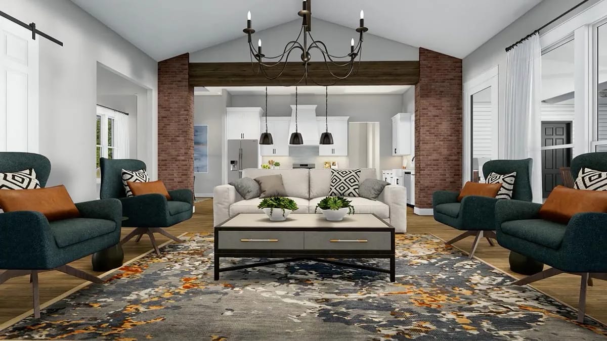 the vaulted great room is open on three sides, so nothing sits against a wall 1