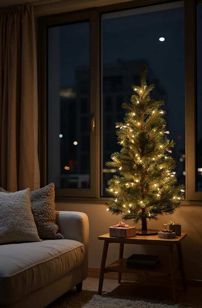 Small Apartment Christmas Tree Ideas for a Slim or Tabletop Tree That Doesn't Look Like a Compromise 17 the window beats the corner after dark 1