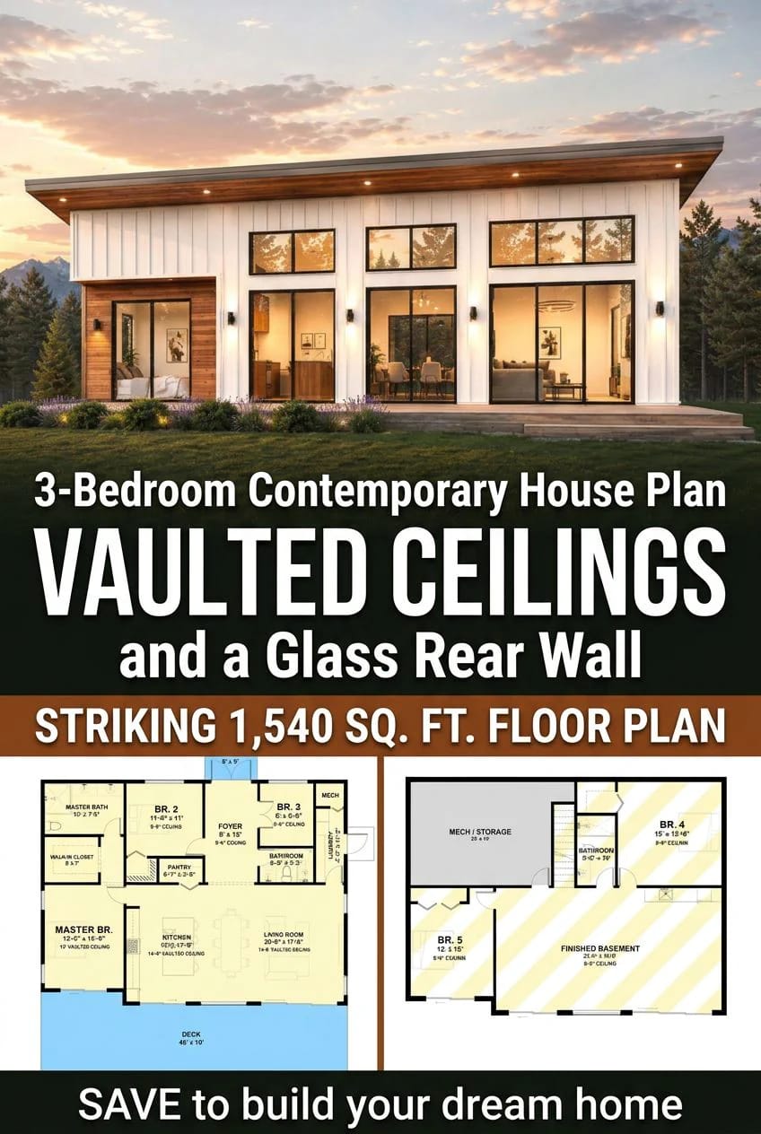 3-Bedroom Contemporary House Plan with Vaulted Ceilings and a Glass Rear Wall (1,540 Sq. Ft. Floor Plan) 6 three bedrooms clustered at the front, and the third one is an office 1