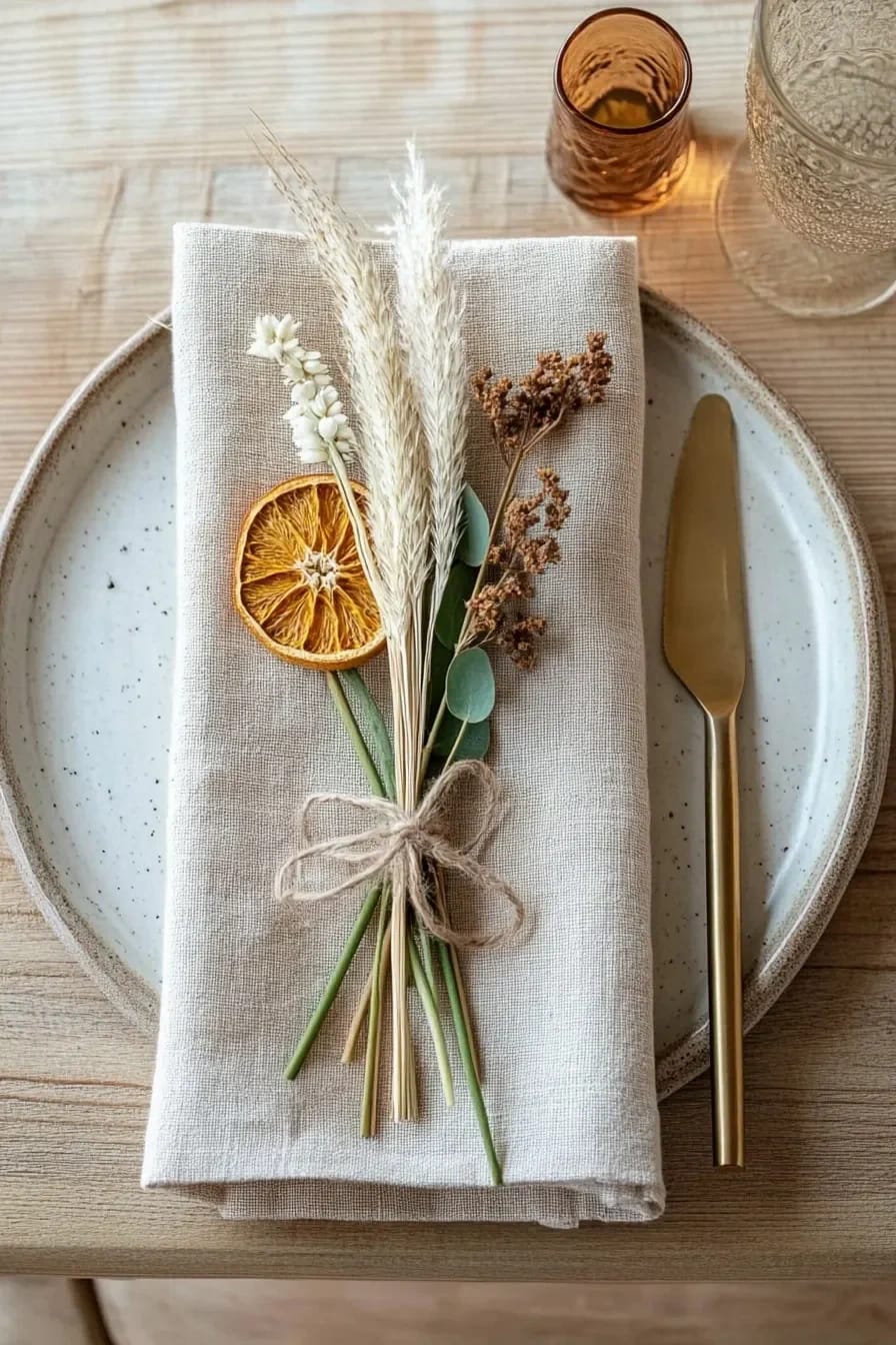 tie a dried floral posy to every napkin 1