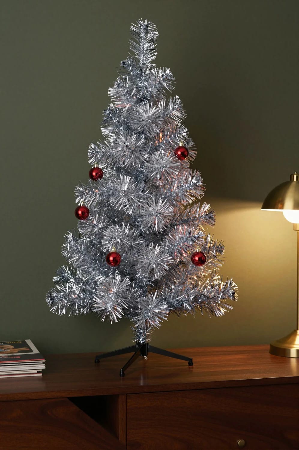 Small Apartment Christmas Tree Ideas for a Slim or Tabletop Tree That Doesn't Look Like a Compromise 19 A small aluminum tinsel Christmas tree with red ornaments sits on a wooden table next to a gold lamp, illustrating a stylish small apartment Christmas tree idea.