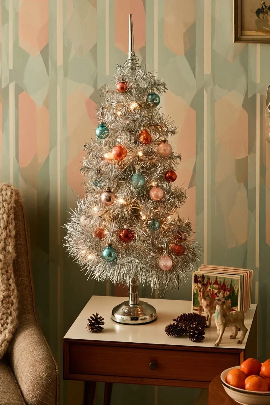 Small Apartment Christmas Tree Ideas for a Slim or Tabletop Tree That Doesn't Look Like a Compromise 20 A slim aluminum tabletop Christmas tree decorated with pastel ornaments and lights sits on a small wooden table, surrounded by pinecones, vintage figurines, and holiday cards, illustrating a festive small apartment Christmas tree idea.