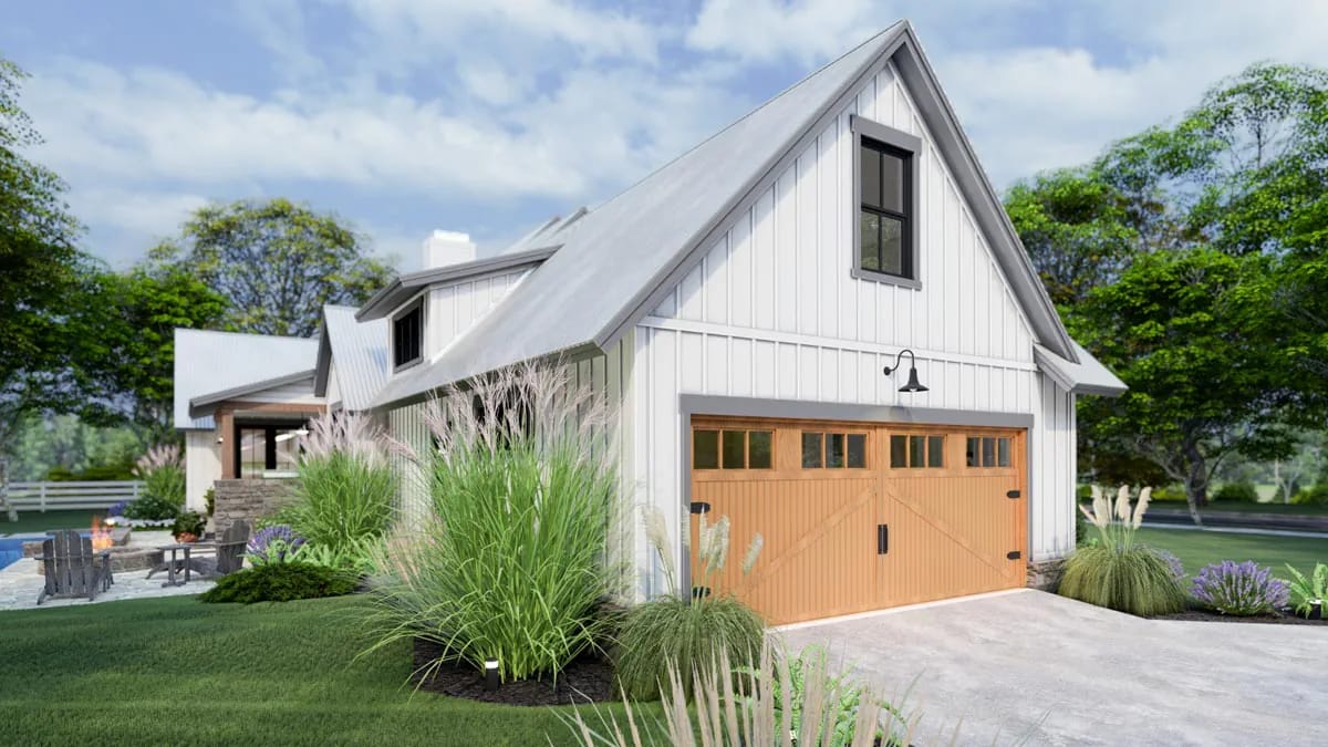 3-Bedroom New American Farmhouse House Plan with an L-Shaped Front Porch (1,988 Sq. Ft. Floor Plan) 17 two cars behind a single wide door 1