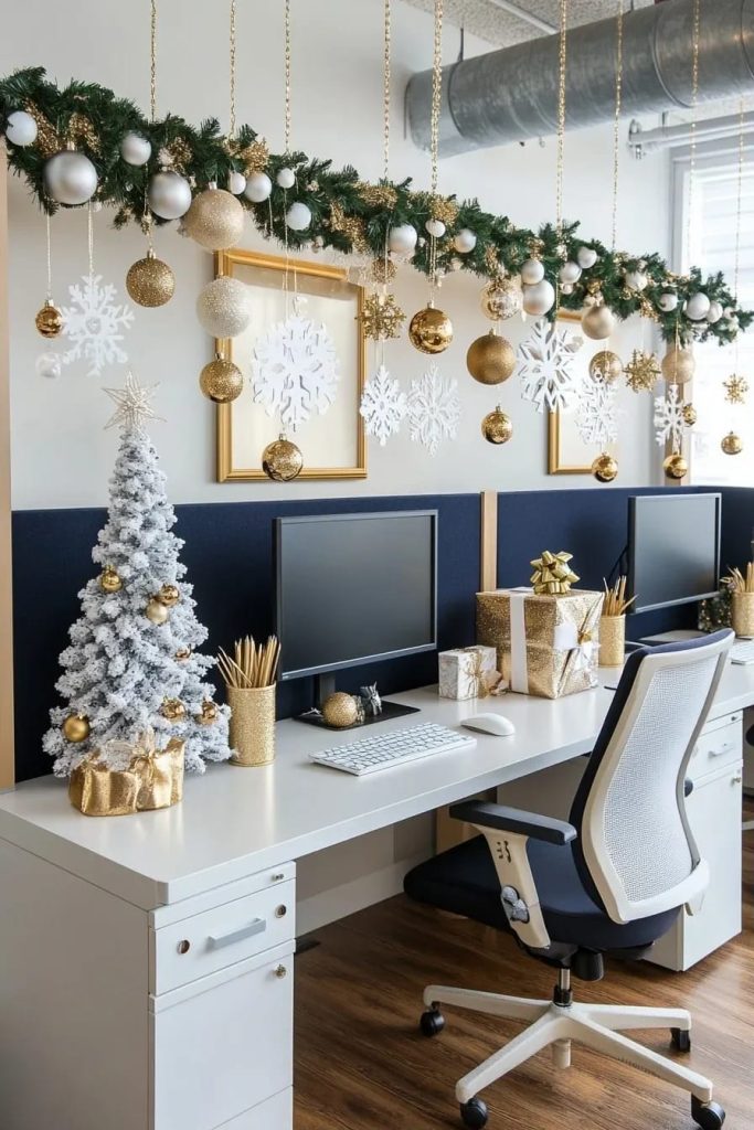 Lovely Harbor 45 Modern office cubicle decorated for Christmas with gold and white ornaments, a small flocked Christmas tree, snowflake cutouts, and wrapped presents, illustrating festive decor ideas that comply with fire code guidelines.