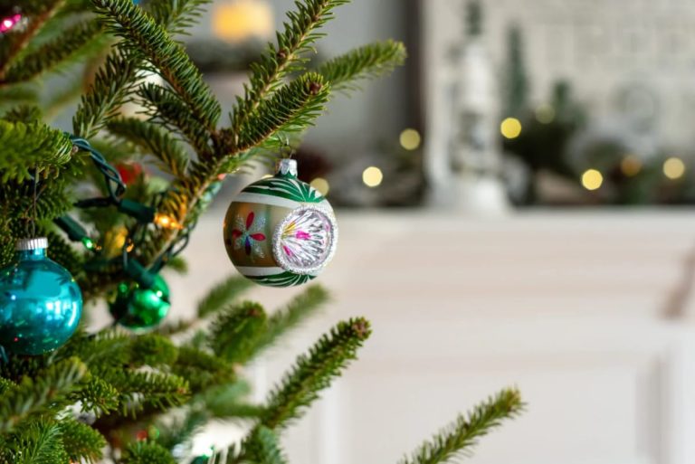 Close-up of a Christmas tree branch decorated with vintage mercury glass and Shiny Brite ornaments, illustrating vintage Christmas decorations with mercury glass and Shiny Brite ornaments.