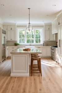 A bright kitchen featuring warm off-white cabinets, a large window providing natural light, light wood floors, a center island with two wooden stools, stainless steel appliances, and modern pendant lighting, illustrating light colored kitchen cabinet ideas.
