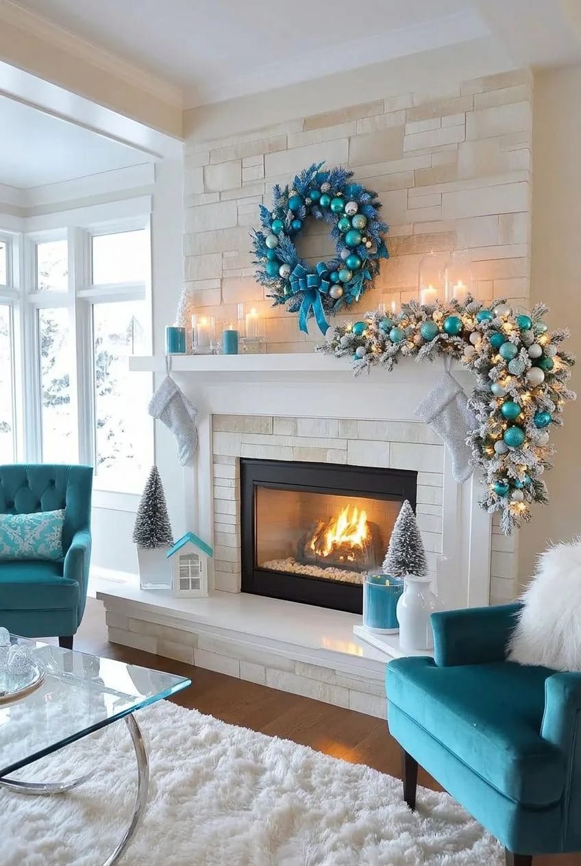 Icy Blue and White Winter Wonderland Christmas Decor Ideas That Skip the Glitter 10 weight the mantel garland to one side and hang one blue wreath 1