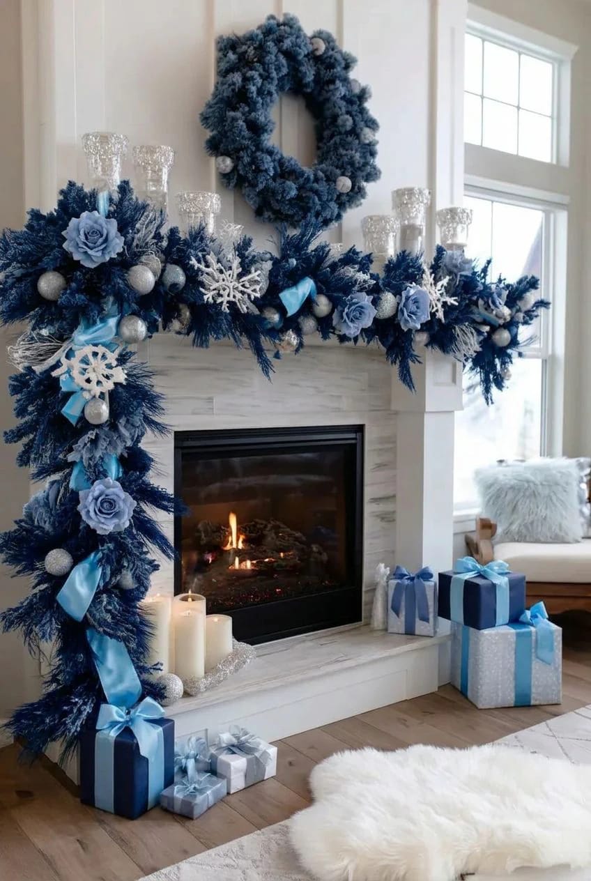Icy Blue and White Winter Wonderland Christmas Decor Ideas That Skip the Glitter 11 weight the mantel garland to one side and hang one blue wreath 1