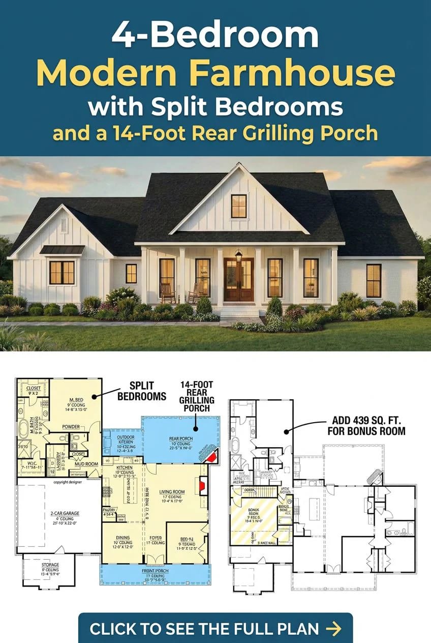 4-Bedroom Modern Farmhouse House Plan with Split Bedrooms and a 14-Foot Rear Grilling Porch (2,166 Sq. Ft. Floor Plan) 8 what the main level floor plan puts where 1