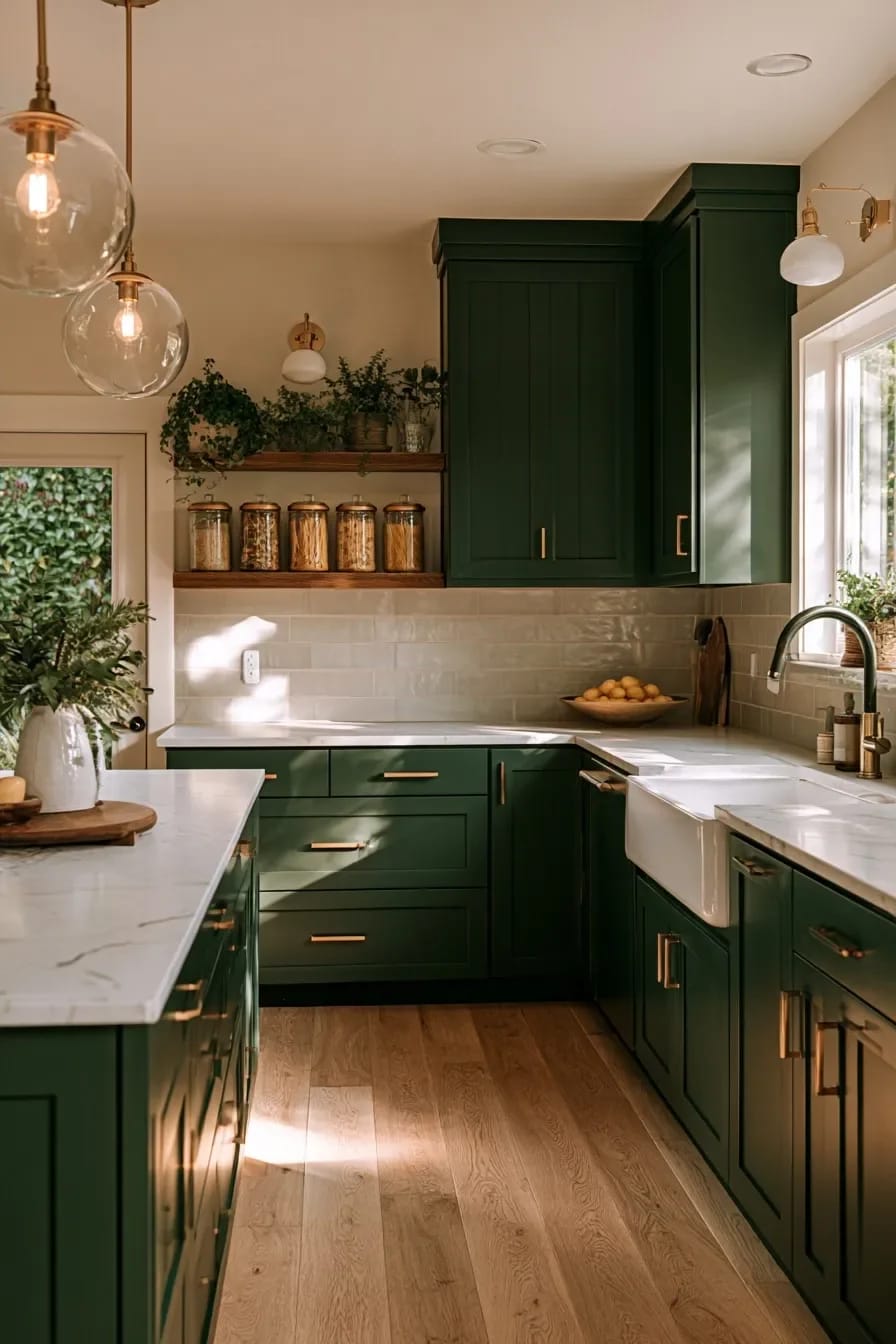 13 Kitchen Color Ideas and Where Each One Actually Works 11 Modern kitchen featuring deep green cabinets with gold hardware, white countertops, light wood flooring, glass jar storage on wooden shelves, potted plants, and ample natural light, illustrating kitchen color ideas where cabinets carry the color.