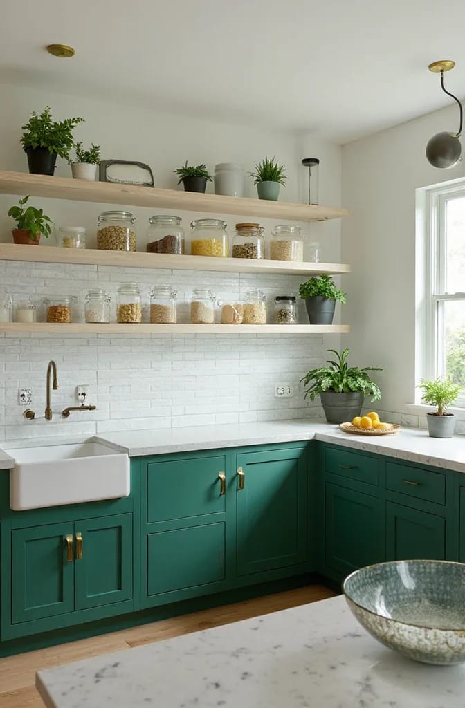 13 Kitchen Color Ideas and Where Each One Actually Works 12 Modern kitchen featuring bold green cabinets, white countertops, a farmhouse sink, open wood shelves with jars and plants, and natural light, illustrating kitchen color ideas where cabinets carry the color.