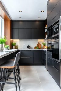 Contemporary kitchen featuring sleek dark cabinets, integrated appliances, a light countertop, gray tile flooring, and green plants, illustrating kitchen color ideas where the cabinets carry the color.