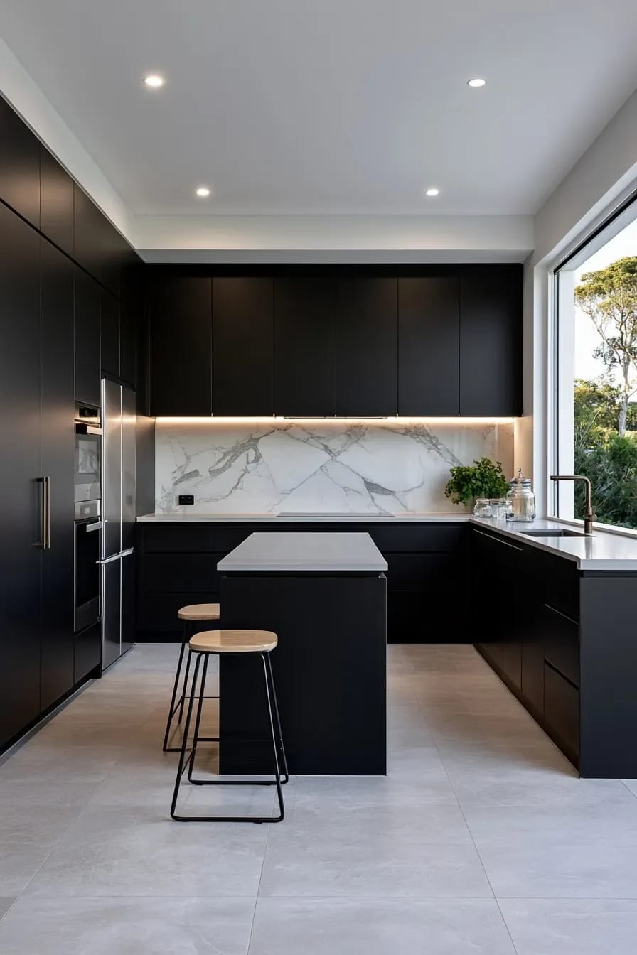 13 Kitchen Color Ideas and Where Each One Actually Works 18 Modern kitchen with sleek black cabinets, a marble backsplash, two wooden stools at a central island, and large windows, illustrating kitchen color ideas where cabinets carry the color.