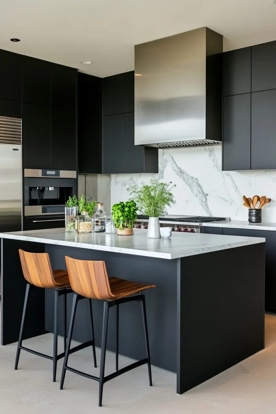13 Kitchen Color Ideas and Where Each One Actually Works 19 Modern kitchen featuring sleek black cabinets, a marble backsplash, stainless steel appliances, and a central island with two wooden bar stools, illustrating kitchen color ideas where cabinets carry the color.