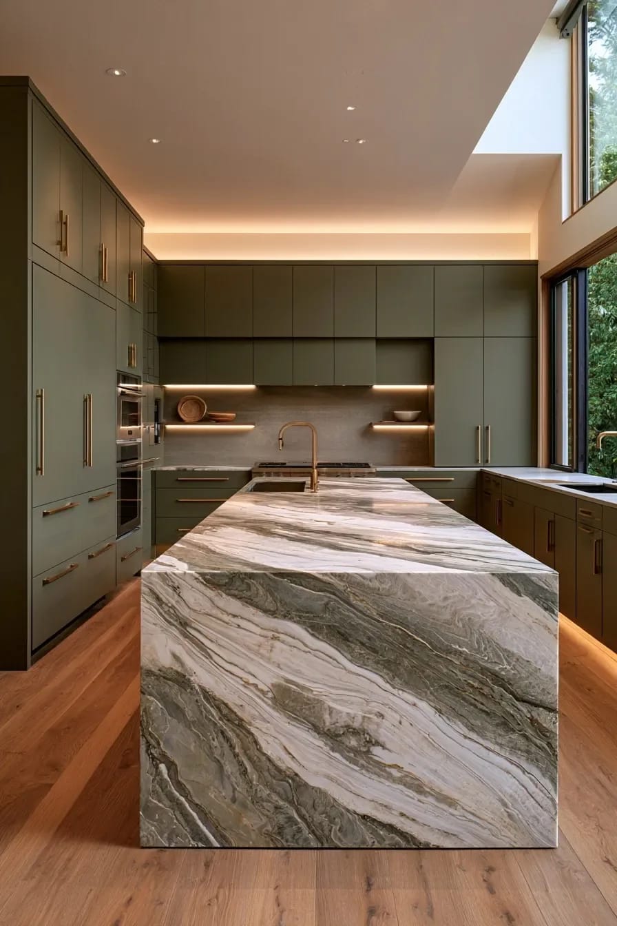 13 Kitchen Color Ideas and Where Each One Actually Works 10 Modern kitchen featuring olive green cabinets, gold hardware, a large marble island, and wood flooring, illustrating how kitchen color ideas can be showcased when the cabinets carry the color.