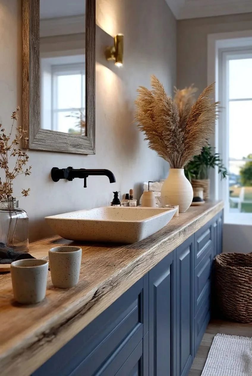 white oak beats marble on a navy vanity 1