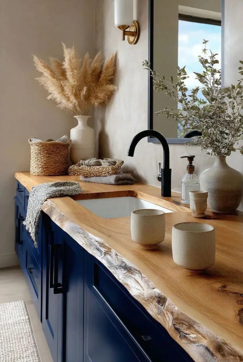 white oak beats marble on a navy vanity 1