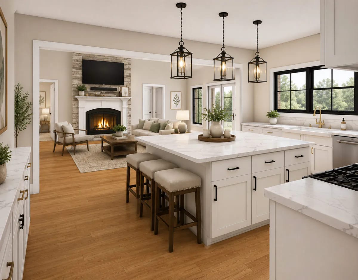 4-Bedroom Craftsman Farmhouse House Plan with a 1,012 Sq. Ft. Bonus Room (2,431 Sq. Ft. Floor Plan) 7 white shaker cabinets, a marble-look island, and black lantern pendants in the kitchen 1