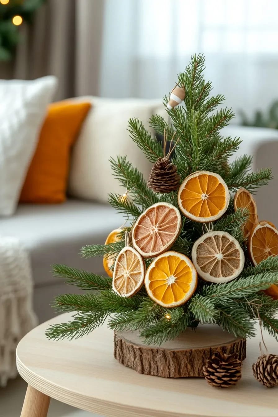 Small Apartment Christmas Tree Ideas for a Slim or Tabletop Tree That Doesn't Look Like a Compromise 23 A small tabletop Christmas tree decorated with wood beads, dried citrus slices, and pinecones, perfect for small apartment holiday decor, displayed on a wooden base in a cozy living room setting.