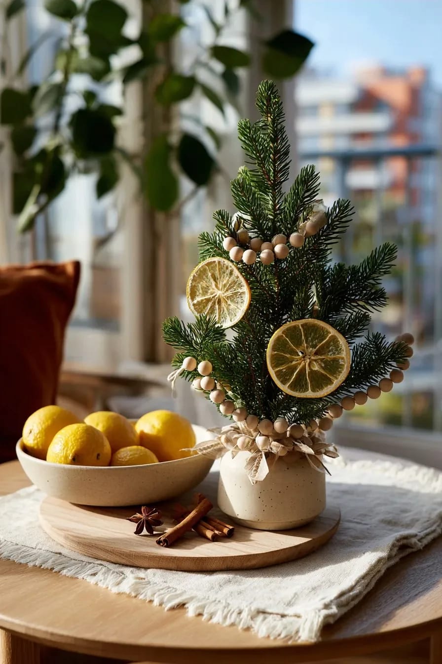 Small Apartment Christmas Tree Ideas for a Slim or Tabletop Tree That Doesn't Look Like a Compromise 24 Tabletop Christmas tree decorated with wood bead garland and dried citrus slices, placed on a round wooden tray next to a bowl of fresh lemons and cinnamon sticks, illustrating small apartment Christmas tree ideas.