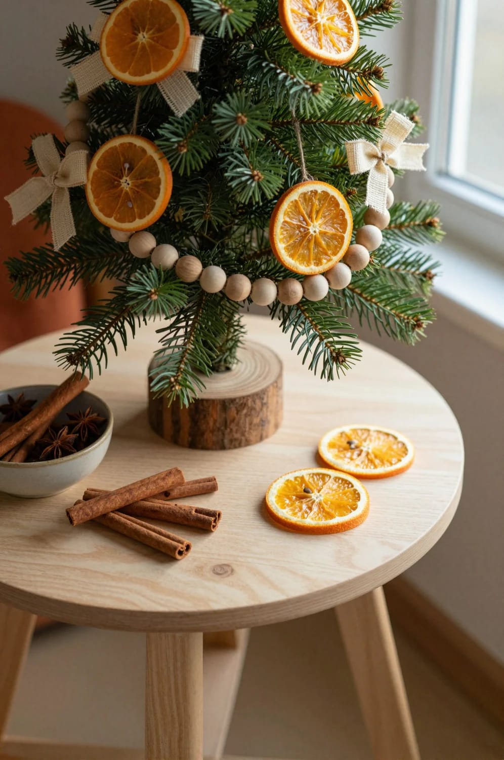 Small Apartment Christmas Tree Ideas for a Slim or Tabletop Tree That Doesn't Look Like a Compromise 25 Tabletop Christmas tree decorated with dried orange slices, wood bead garland, and small fabric bows, set on a wooden table next to cinnamon sticks and a bowl of star anise, illustrating small apartment Christmas tree ideas.