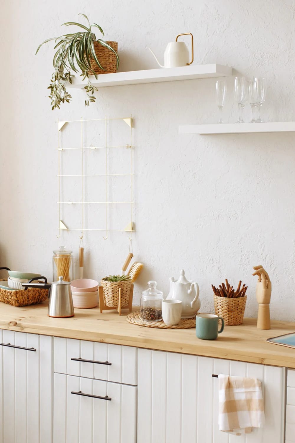 Boho Kitchen Ideas That Hold Up to Actual Cooking 7 wood counters read boho against putty cabinets, not white ones 1