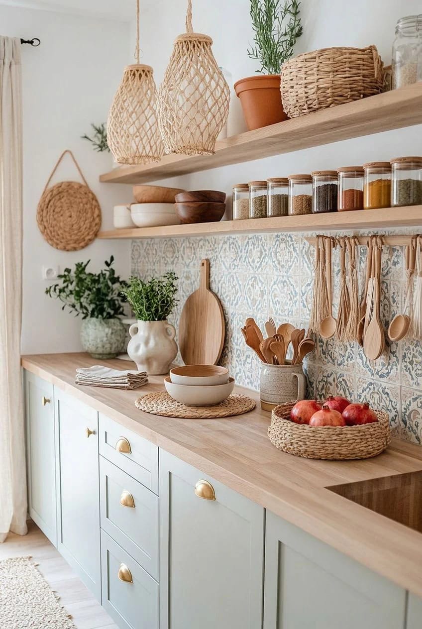 Boho Kitchen Ideas That Hold Up to Actual Cooking 8 wood counters read boho against putty cabinets, not white ones 1