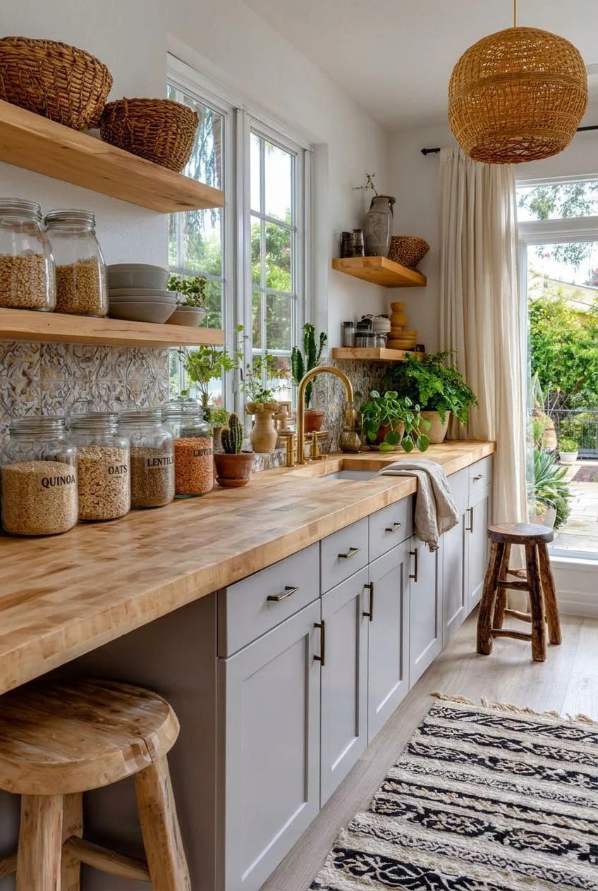 Boho Kitchen Ideas That Hold Up to Actual Cooking 9 wood counters read boho against putty cabinets, not white ones 1