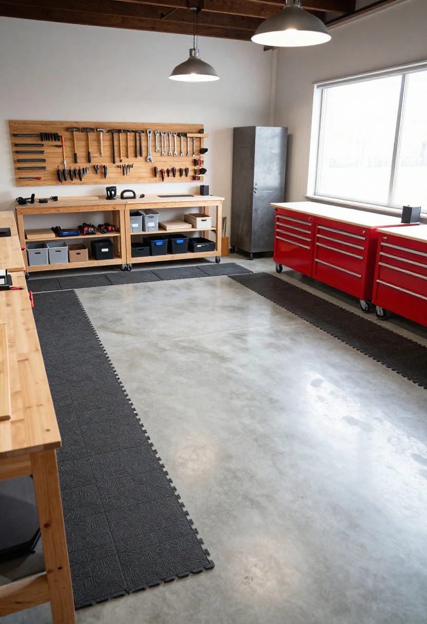 Workshop Studio Ideas for People Who Actually Make Things 23 workshop flooring: seal the slab, then stand on something softer 1
