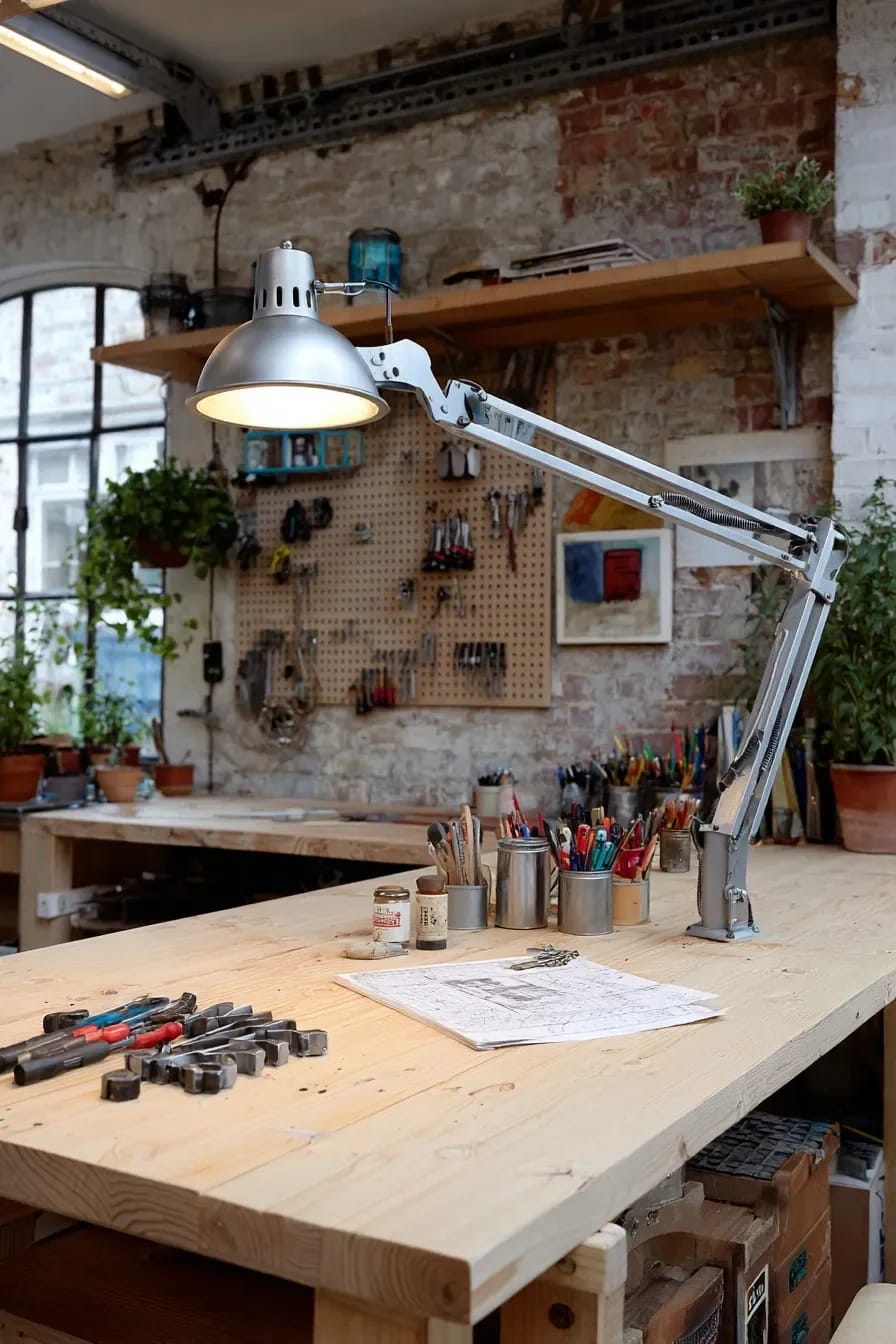 Workshop Studio Ideas for People Who Actually Make Things 12 A workshop studio with a large adjustable arm lamp and flat overhead lighting, featuring a wooden workbench with tools, sketches, and organized supplies, illustrating practical workshop lighting for people who make things.
