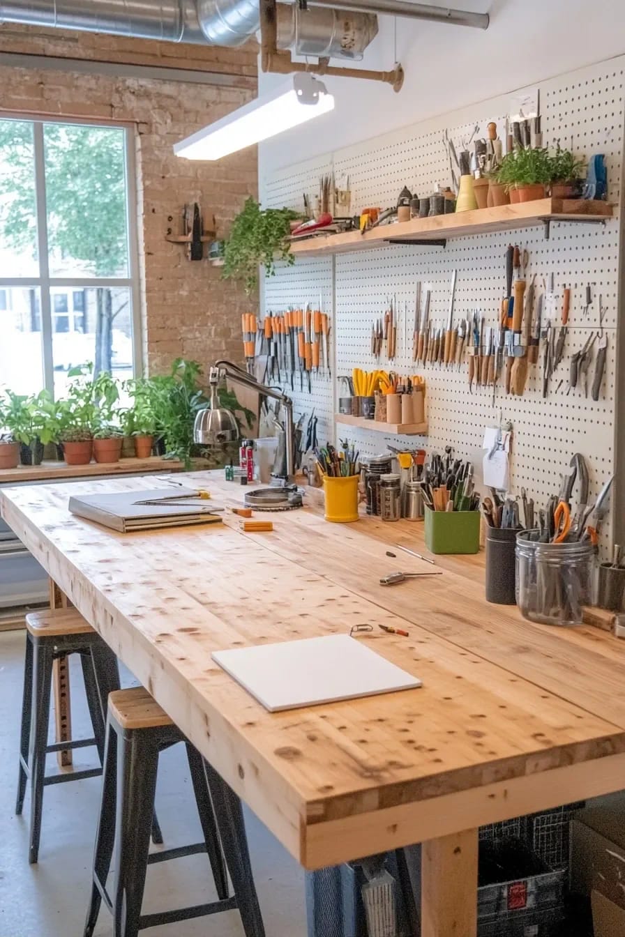 Workshop Studio Ideas for People Who Actually Make Things 13 A well-organized workshop studio featuring flat overhead lighting and a movable arm lamp, with a large wooden workbench, stools, wall-mounted pegboards holding various hand tools, and potted plants by a window, illustrating effective lighting for workshop studio ideas.