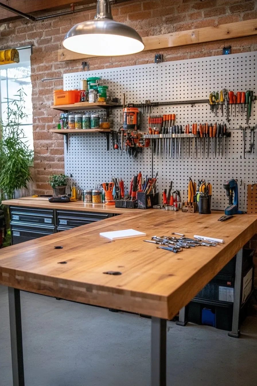 Workshop Studio Ideas for People Who Actually Make Things 14 A well-organized workshop studio featuring flat overhead lighting, a large wooden workbench with tools, a pegboard wall holding various hand tools, and shelves with containers, illustrating effective lighting and workspace organization for people who make things.