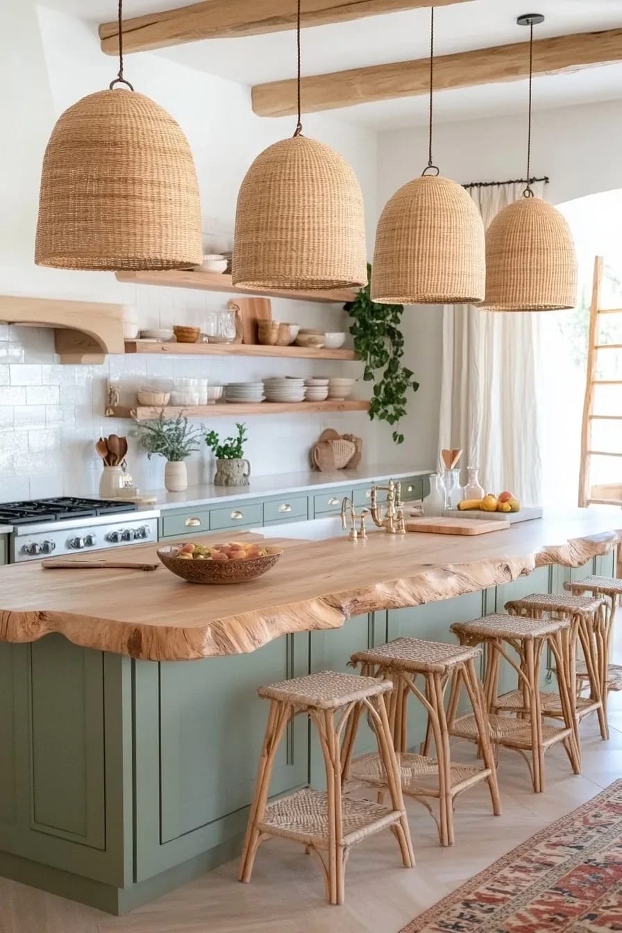 Boho Kitchen Ideas That Hold Up to Actual Cooking 4 woven pendants are the picture, not the light 1