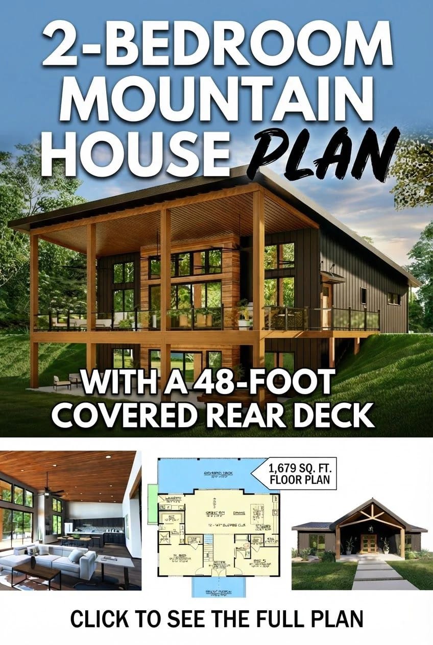 Composite image showing a modern two-story mountain house with a large covered rear deck, an interior living area, a 1,679-square-foot floor plan, and a small front exterior view.